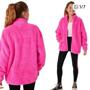 PINK Victoria's Secret Atomic Hot Pink Teddy Fleece Zip Up Jacket Women's Size M